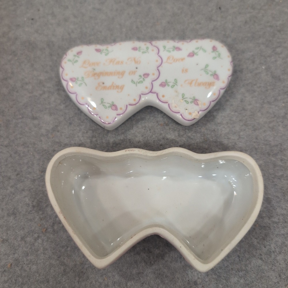 Double Heart Ceramic Trinket Box Pink White Love Sentiment Floral Keepsake - Picture 3 of 5